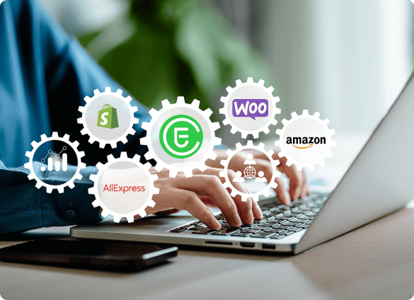 using_laptop_with_BBC-Newz_shopify_woocommerce_amazon_and_aliexpress_integrations